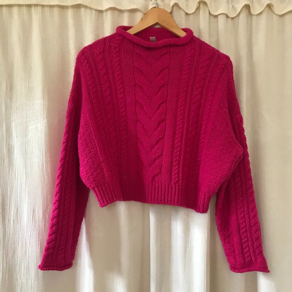 Pilcro Anthropology Magenta Chunky Cable Crop Oversized Sweater, Size small